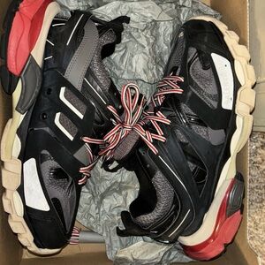 Balenciaga Black Gray Red Triple-S Style Chunky Sneakers